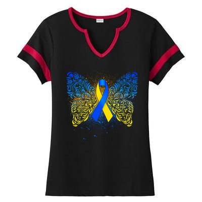 Down Syndrome Awareness Butterfly Ribbon Ladies Halftime Notch Neck Tee