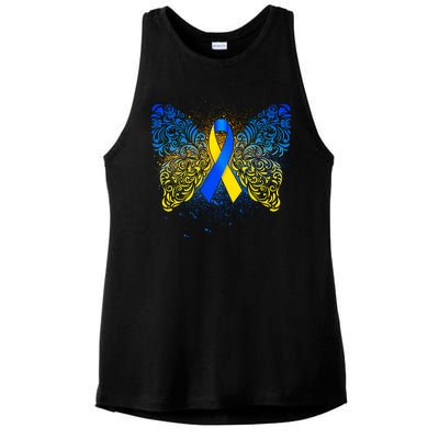 Down Syndrome Awareness Butterfly Ribbon Ladies PosiCharge Tri-Blend Wicking Tank