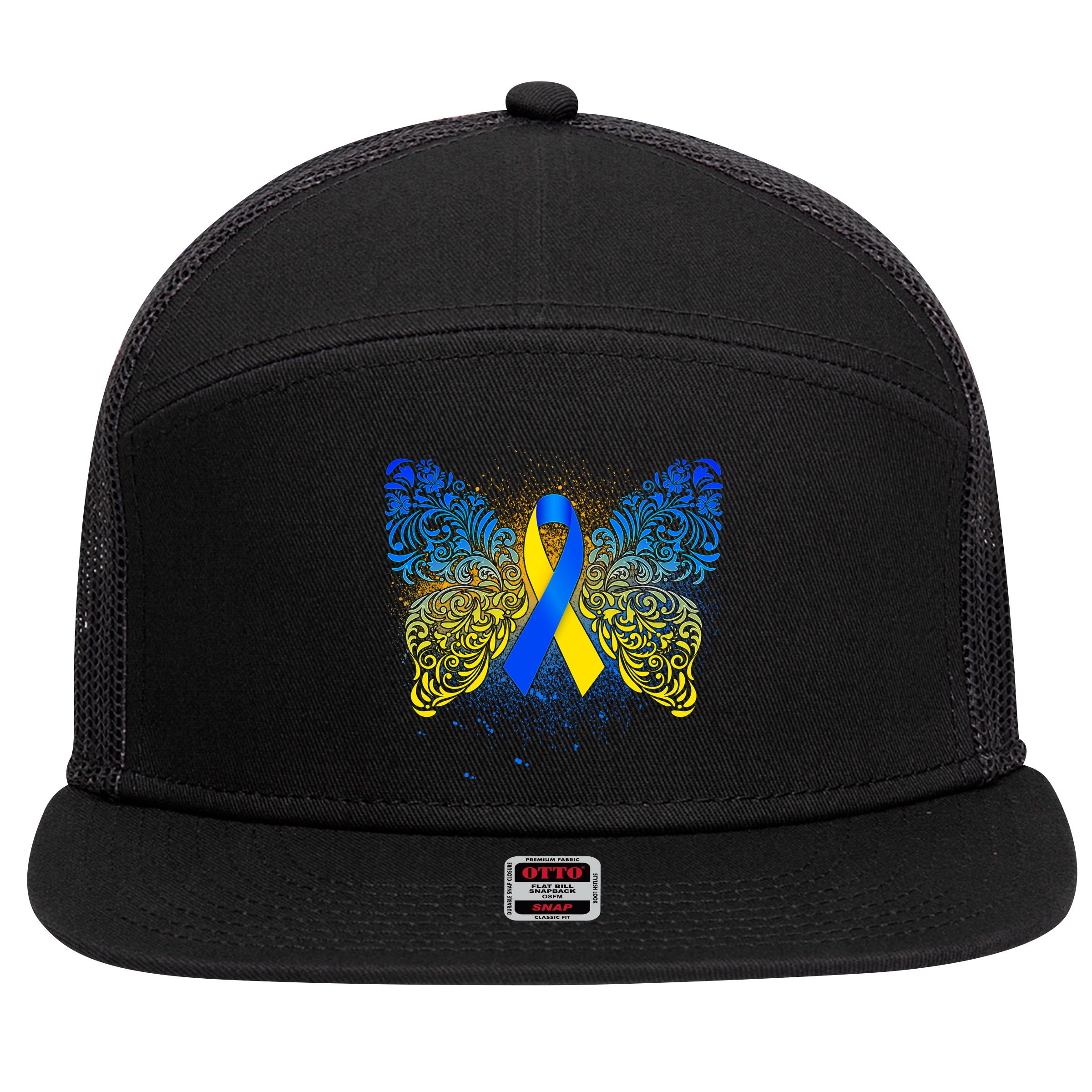 Down Syndrome Awareness Butterfly Ribbon 7 Panel Mesh Trucker Snapback Hat