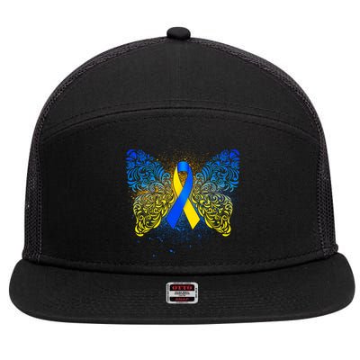 Down Syndrome Awareness Butterfly Ribbon 7 Panel Mesh Trucker Snapback Hat