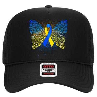 Down Syndrome Awareness Butterfly Ribbon High Crown Mesh Back Trucker Hat