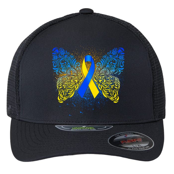 Down Syndrome Awareness Butterfly Ribbon Flexfit Unipanel Trucker Cap