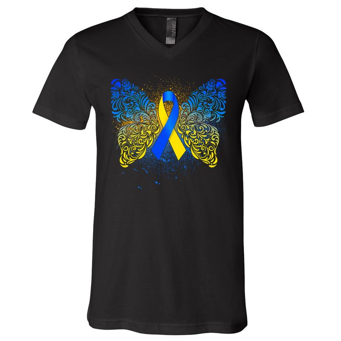 Down Syndrome Awareness Butterfly Ribbon V-Neck T-Shirt