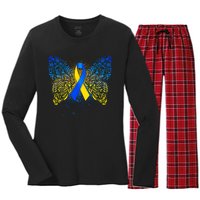 Down Syndrome Awareness Butterfly Ribbon Women's Long Sleeve Flannel Pajama Set 