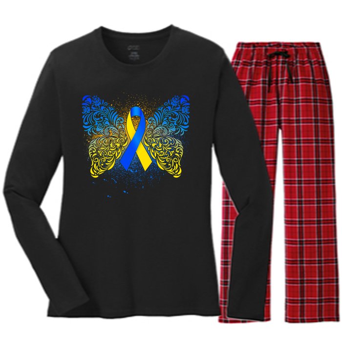 Down Syndrome Awareness Butterfly Ribbon Women's Long Sleeve Flannel Pajama Set 