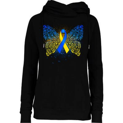 Down Syndrome Awareness Butterfly Ribbon Womens Funnel Neck Pullover Hood