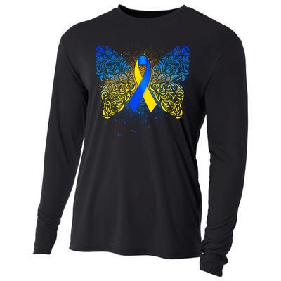 Down Syndrome Awareness Butterfly Ribbon Cooling Performance Long Sleeve Crew