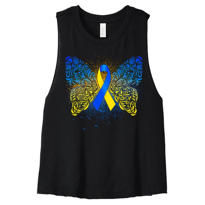 Down Syndrome Awareness Butterfly Ribbon Women's Racerback Cropped Tank