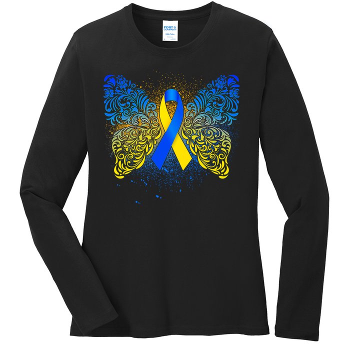 Down Syndrome Awareness Butterfly Ribbon Ladies Long Sleeve Shirt