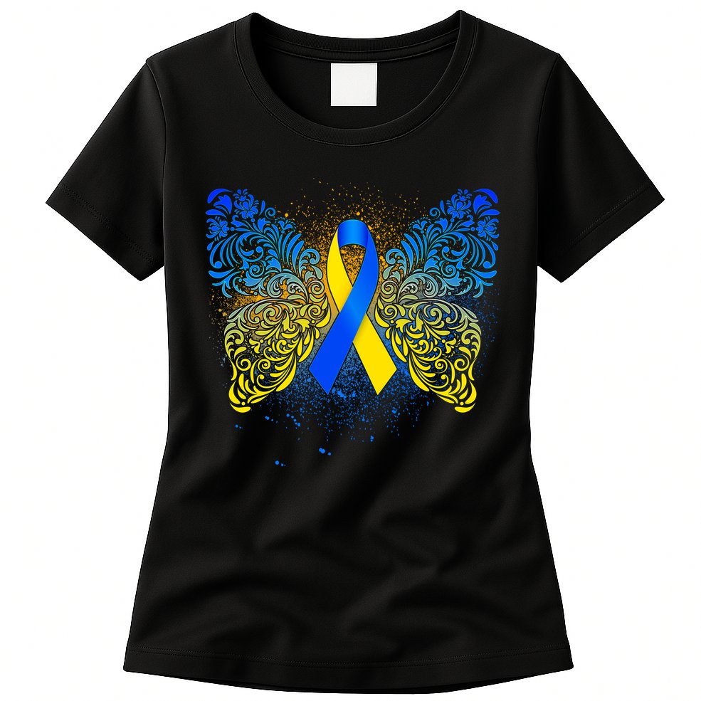 Down Syndrome Awareness Butterfly Ribbon Womens T-Shirt