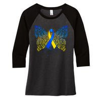 Down Syndrome Awareness Butterfly Ribbon Women's Tri-Blend 3/4-Sleeve Raglan Shirt