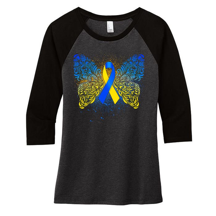 Down Syndrome Awareness Butterfly Ribbon Women's Tri-Blend 3/4-Sleeve Raglan Shirt