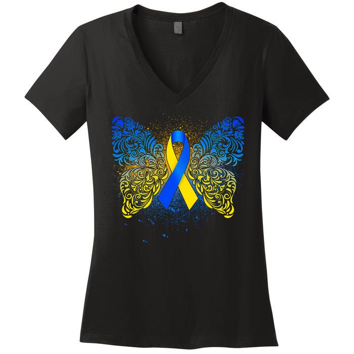 Down Syndrome Awareness Butterfly Ribbon Women's V-Neck T-Shirt