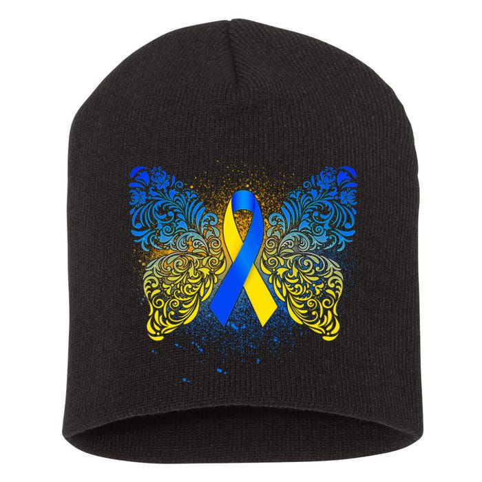 Down Syndrome Awareness Butterfly Ribbon Short Acrylic Beanie