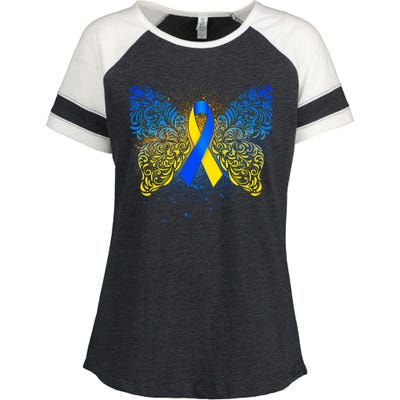 Down Syndrome Awareness Butterfly Ribbon Enza Ladies Jersey Colorblock Tee