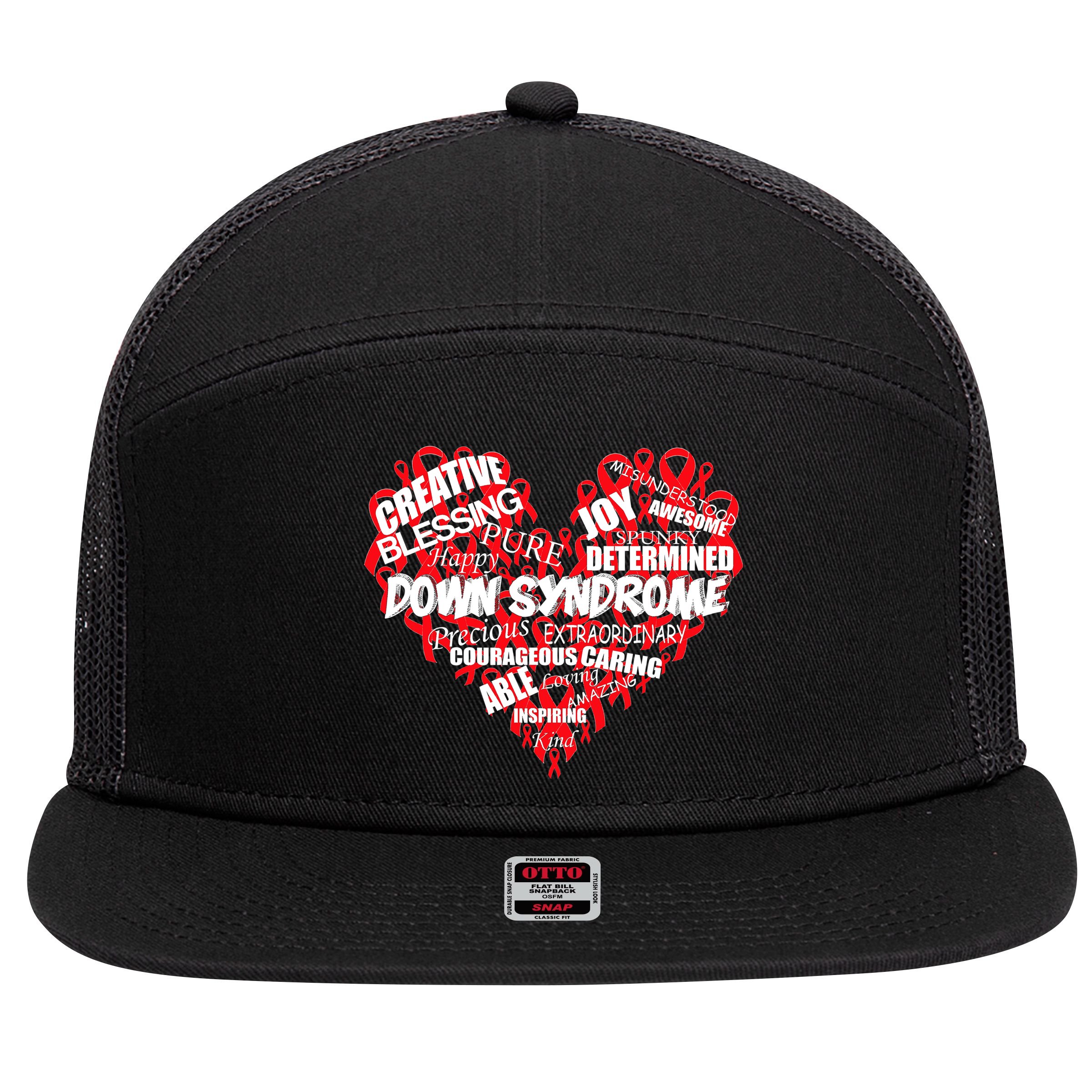 Down Syndrome Awareness Heart 7 Panel Mesh Trucker Snapback Hat