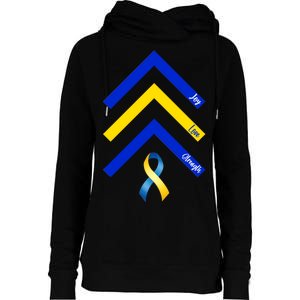 Down Syndrome Awareness Joy Love Strength  Womens Funnel Neck Pullover Hood