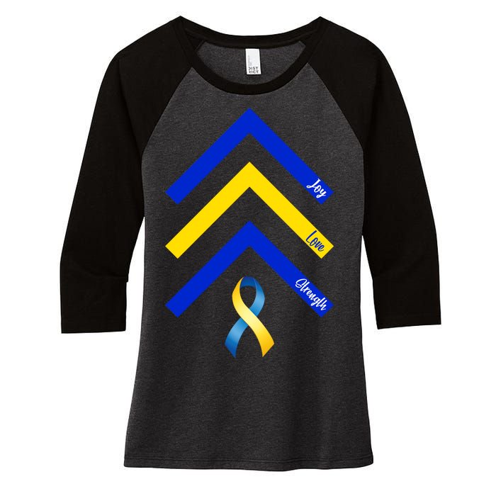 Down Syndrome Awareness Joy Love Strength  Women's Tri-Blend 3/4-Sleeve Raglan Shirt