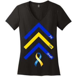 Down Syndrome Awareness Joy Love Strength  Women's V-Neck T-Shirt