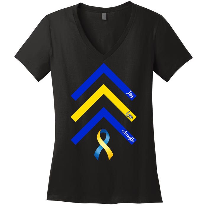 Down Syndrome Awareness Joy Love Strength  Women's V-Neck T-Shirt