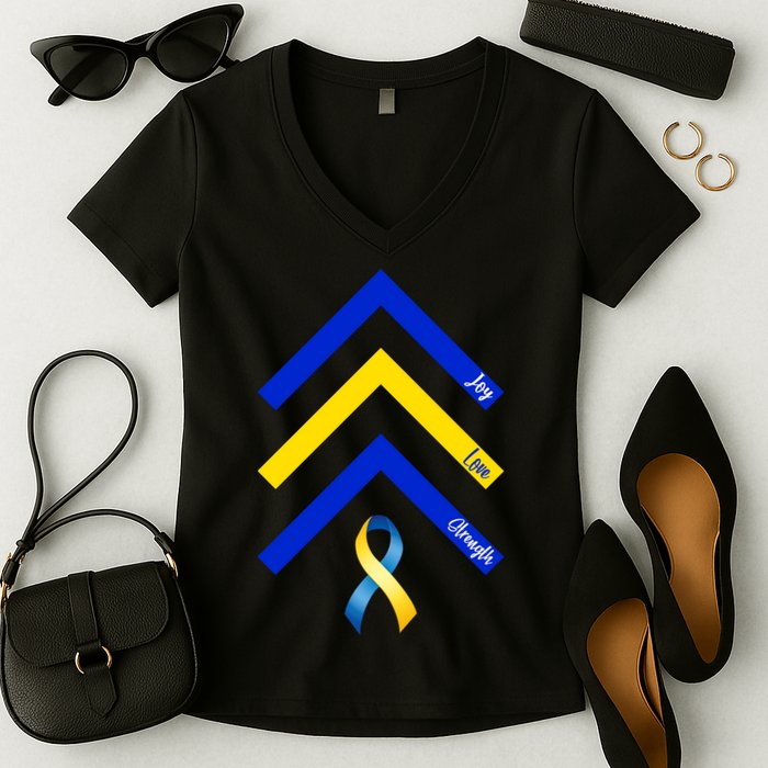 Down Syndrome Awareness Joy Love Strength  Women's V-Neck T-Shirt