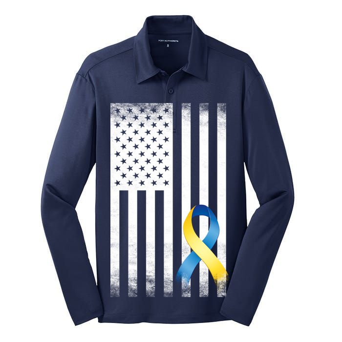 Down Syndrome Awareness USA Flag Silk Touch Performance Long Sleeve Polo