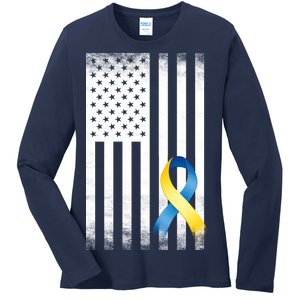 Down Syndrome Awareness USA Flag Ladies Long Sleeve Shirt