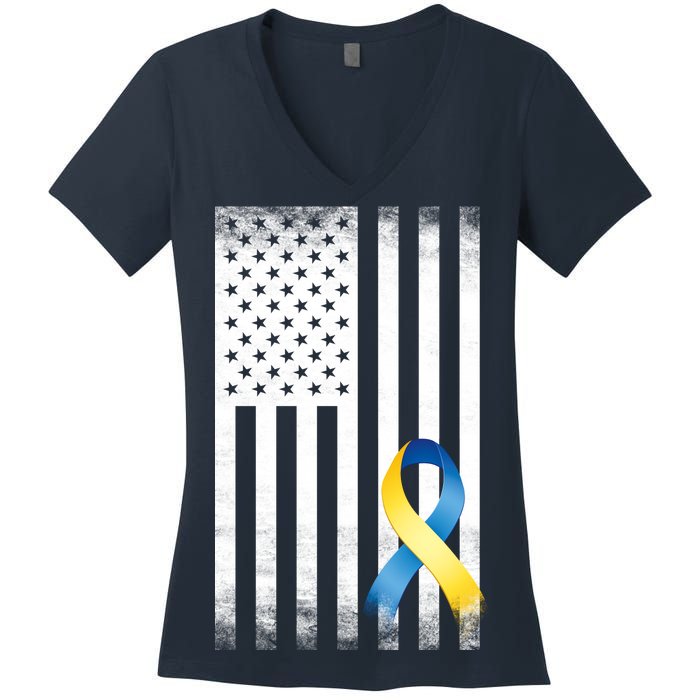 Down Syndrome Awareness USA Flag Women's V-Neck T-Shirt