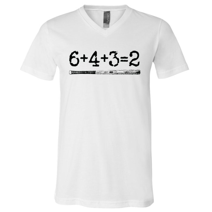 Double Play 6 4 3 2 Vintage Baseball Math Softball Player V-Neck T-Shirt