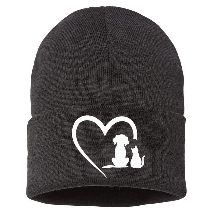 Dog Puppy And Baby Cat Heart Animal Dog & Cat Heart Sustainable Knit Beanie