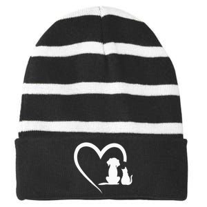 Dog Puppy And Baby Cat Heart Animal Dog & Cat Heart Striped Beanie with Solid Band