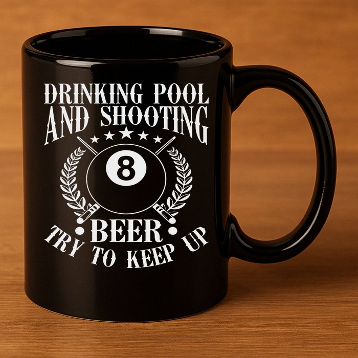 Drinking Pool And Shooting Beer Funny Billiards Gift Present 11oz C Handle Ceramic Mug