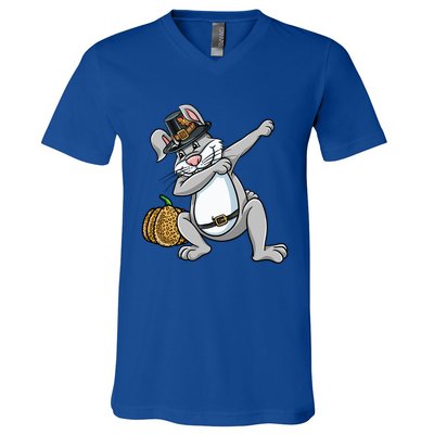 Dabbing Pilgrim Bunny Thanksgiving Gift V-Neck T-Shirt