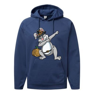 Dabbing Pilgrim Bunny Thanksgiving Gift Performance Fleece Hoodie