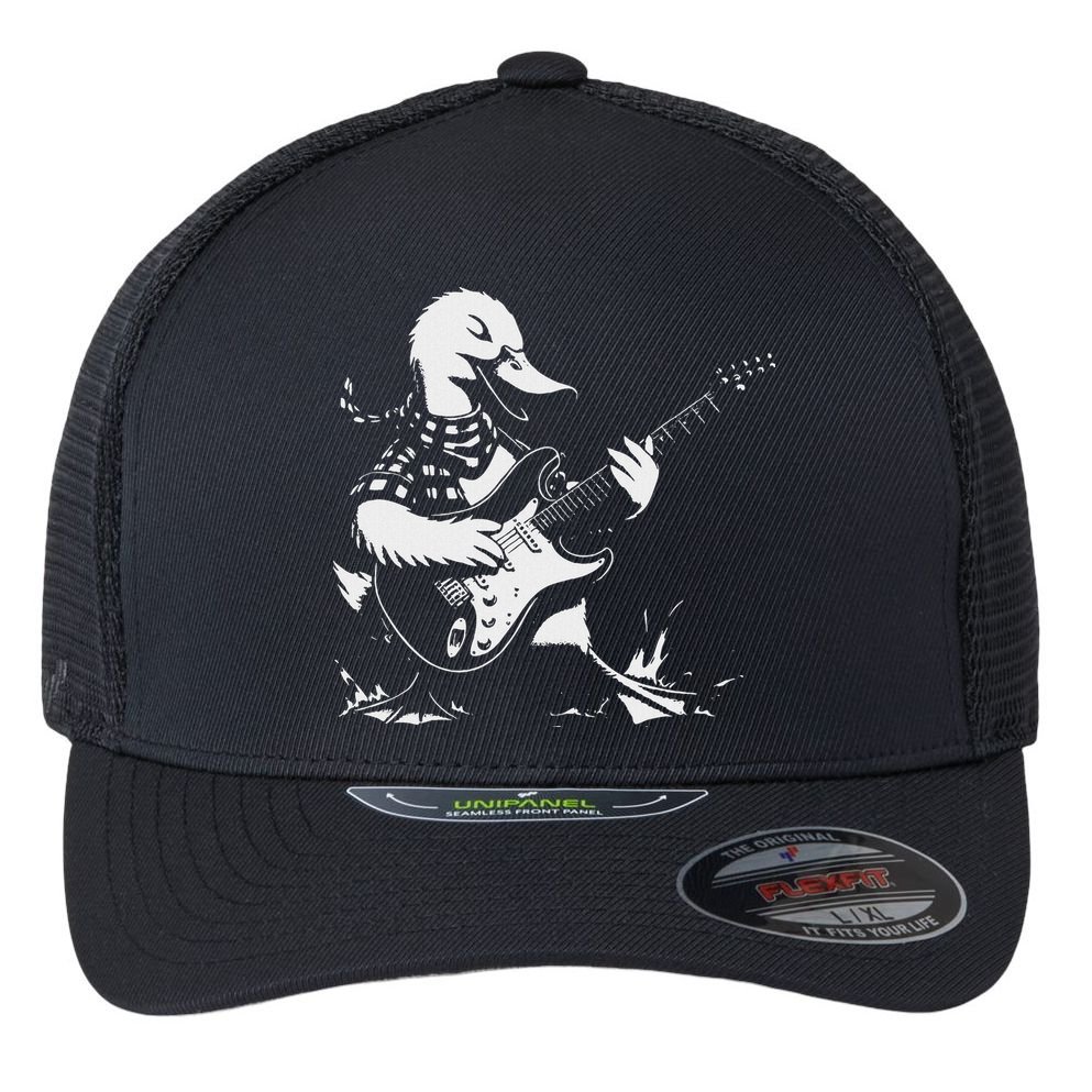 Duck Playing Bass Guitar For Animal Playing Guitar Flexfit Unipanel Trucker Cap