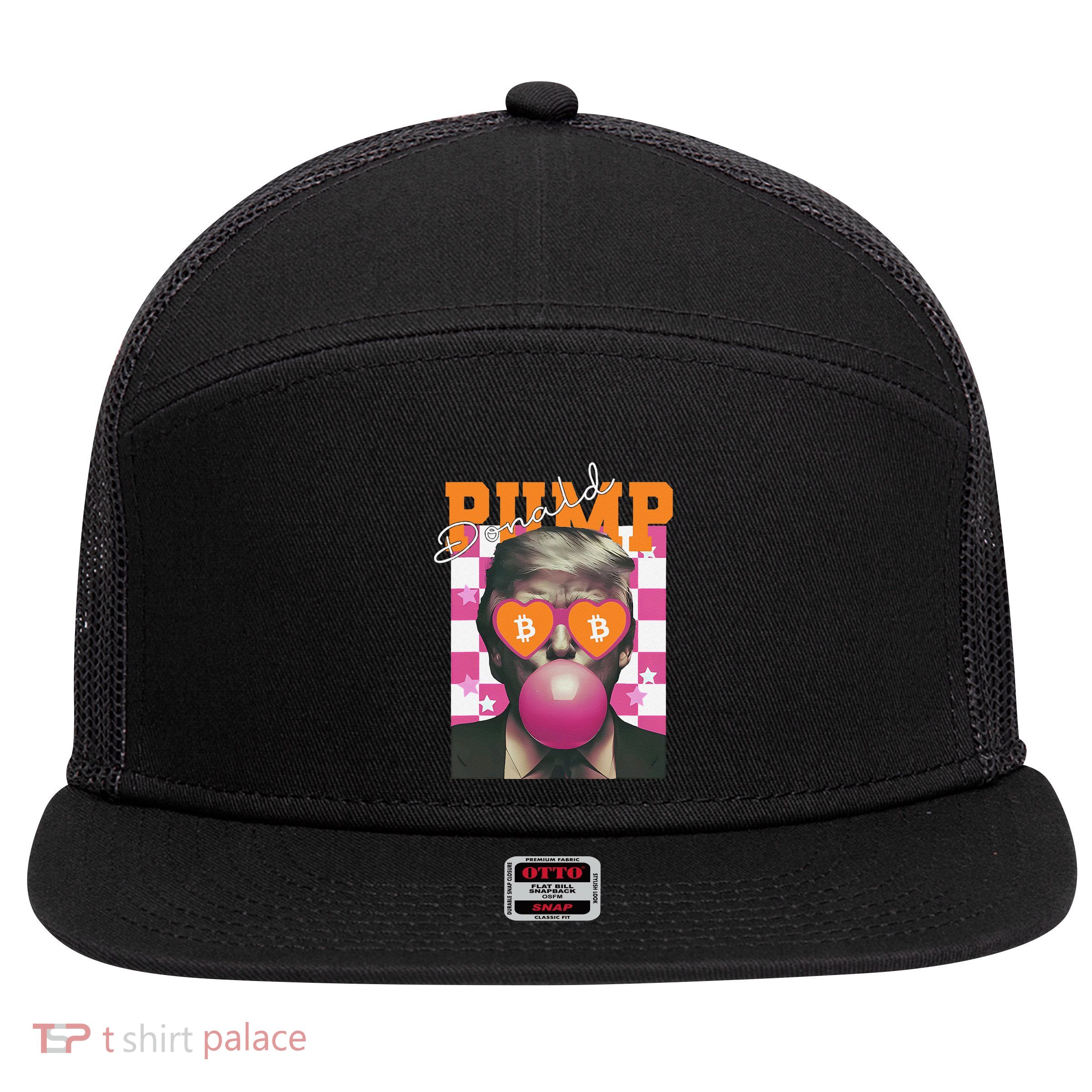 Donald Pump Bitcoin Funny Trump Pin.K Gum 2024 Crypto 7 Panel Mesh Trucker Snapback Hat