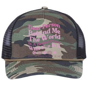 Dear Person Behind Me The World Is A Better Place Love Funny Retro Rope Trucker Hat Cap