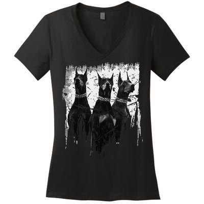 Doberman Pinscher Black and White Dog Lovers Women's V-Neck T-Shirt