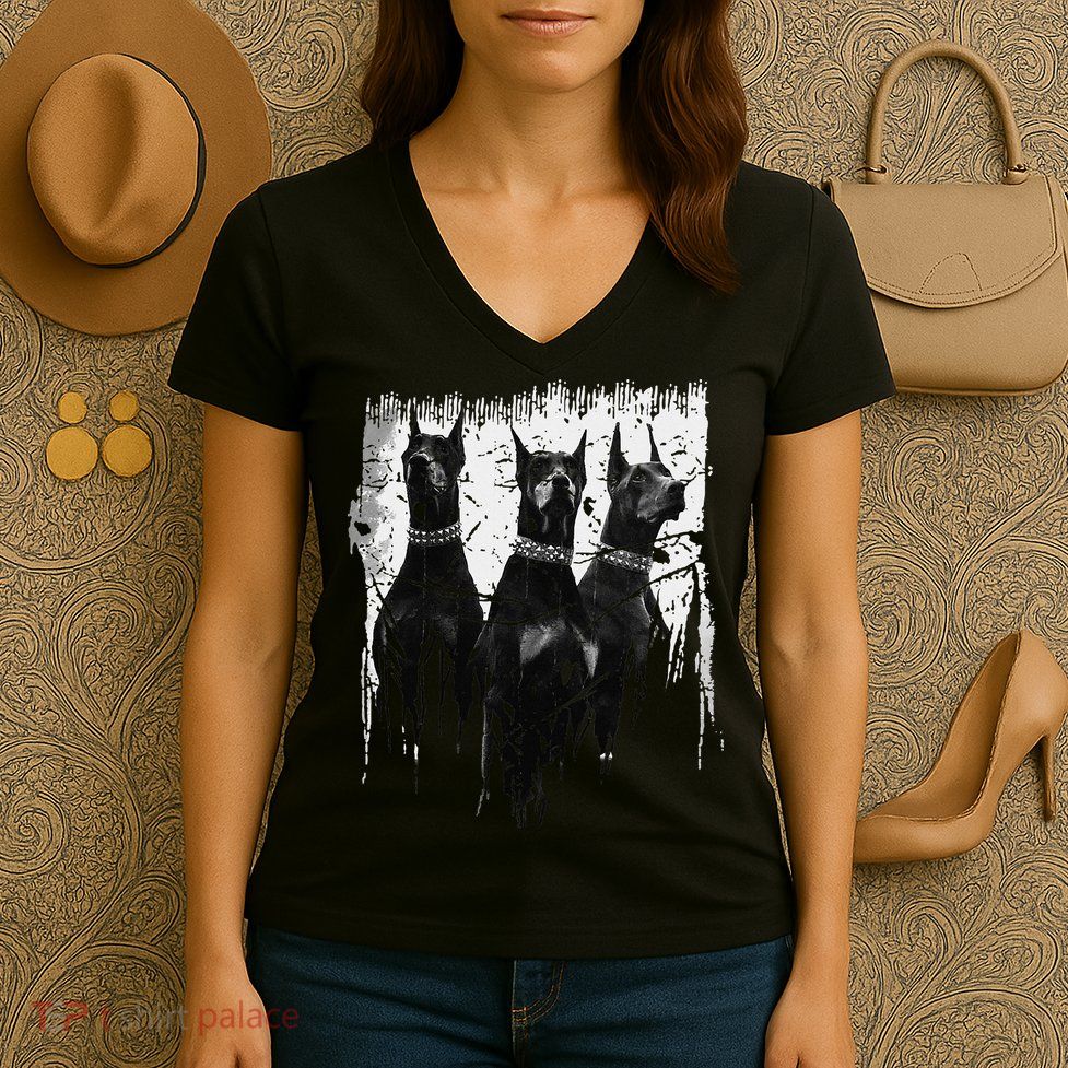 Doberman Pinscher Black and White Dog Lovers Women's V-Neck T-Shirt