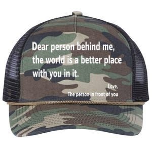 Dear Person Behind Me The World Is A Better Place With You In It Retro Rope Trucker Hat Cap