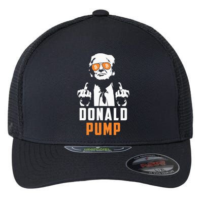 Donald Pump Bitcoin Funny Trump 2024 Crypto American Flag Flexfit Unipanel Trucker Cap