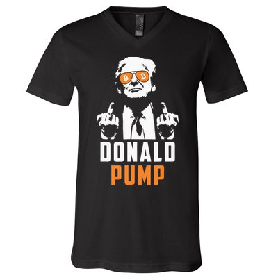Donald Pump Bitcoin Funny Trump 2024 Crypto American Flag V-Neck T-Shirt