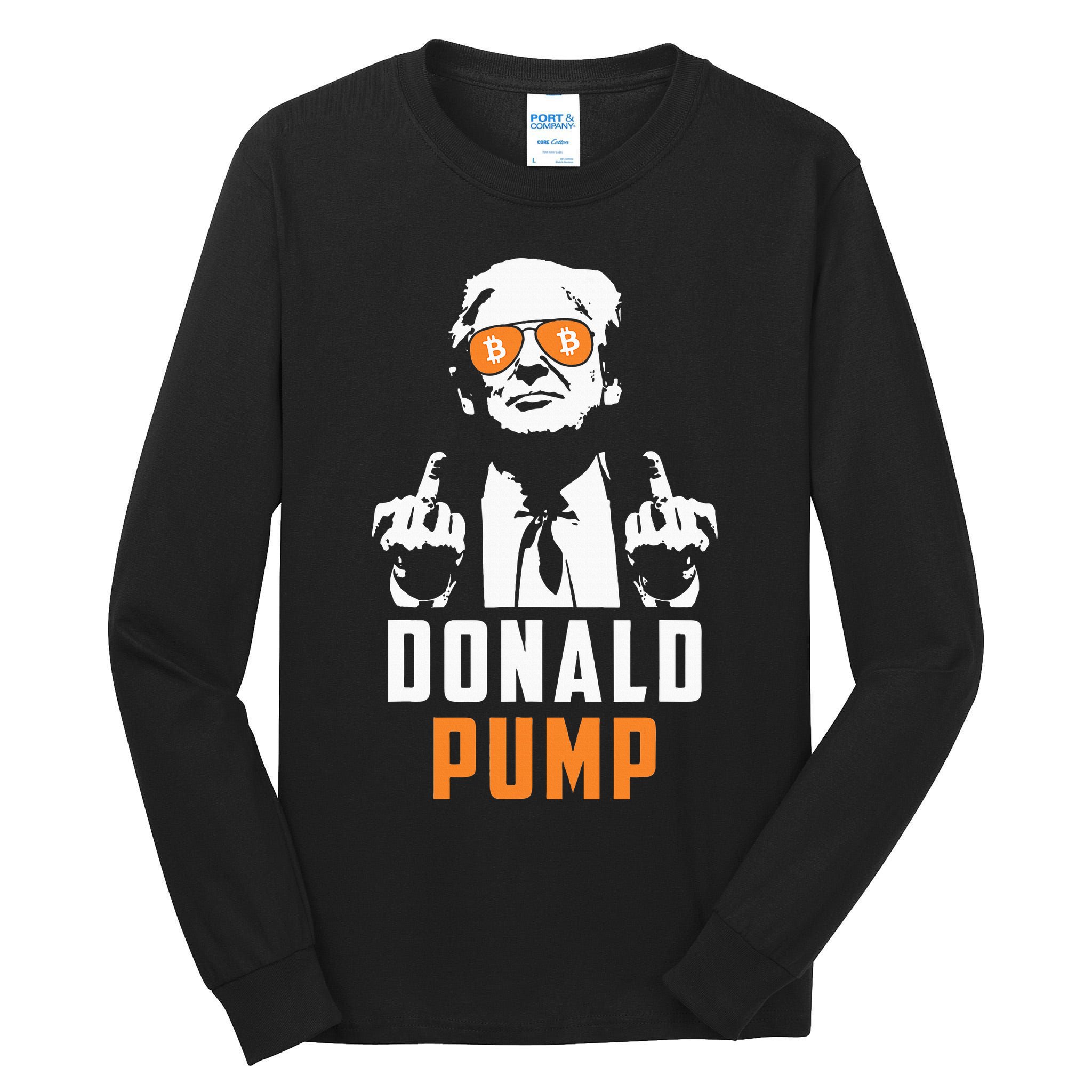 Donald Pump Bitcoin Funny Trump 2024 Crypto American Flag Tall Long Sleeve T-Shirt