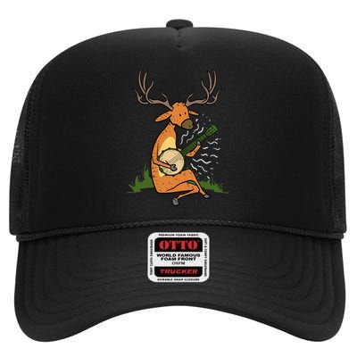 Deer Playing Banjo Gift High Crown Mesh Back Trucker Hat