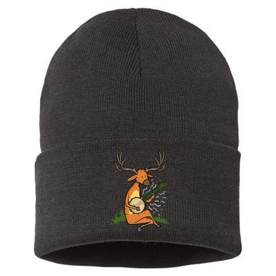 Deer Playing Banjo Gift Sustainable Knit Beanie