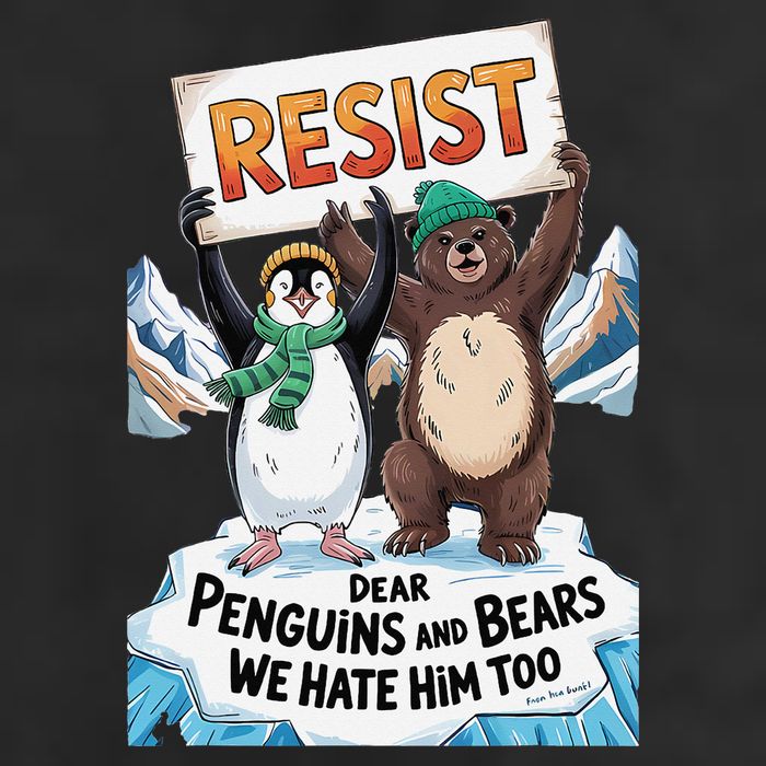 DEAR PENGUINS BEARS WE HATE HIM TOO NO TARIFFS RESIST 7 Panel Mesh Trucker Snapback Hat