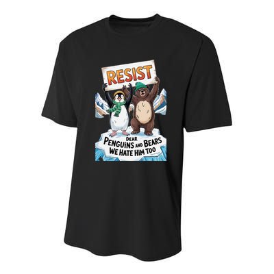 DEAR PENGUINS BEARS WE HATE HIM TOO NO TARIFFS RESIST Youth Performance Sprint T-Shirt
