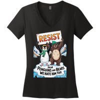 DEAR PENGUINS BEARS WE HATE HIM TOO NO TARIFFS RESIST Women's V-Neck T-Shirt