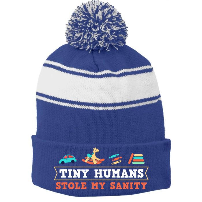 Daycare Provider Care Tiny Hu Stole My Sanity Funny Gift Stripe Pom Pom Beanie