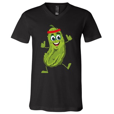 Dancing Pickle Cucumber Vegetarian Vegan Vegetable Pickles V-Neck T-Shirt